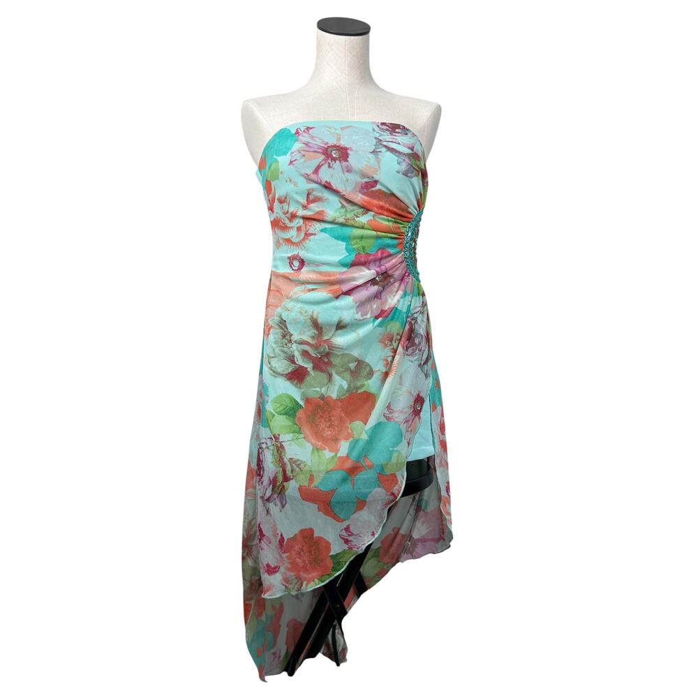 Y2K Multicolored Floral Strapless Asymmetrical Gem Embellished Mini Dress L